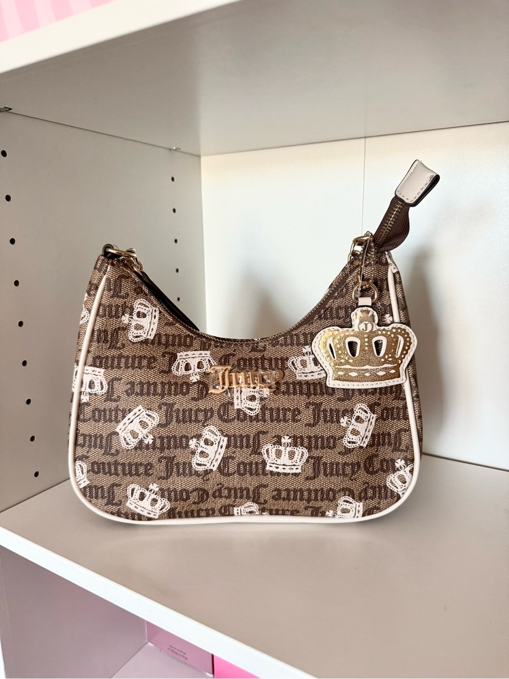 Juicy Couture “Simply Sweet” Brown Logo Crown Shoulder Bag with Cream Trim